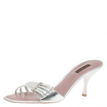 Pre Owned Louis Vuitton Silver Leather Strappy Mules Size 39