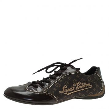 مملوكة مسبقًا Louis Vuitton Brown Leather and Mini Lin Monogram Canvas Sneakers Size 39.5