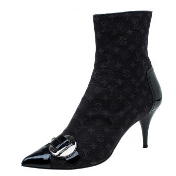 Pre Owned Louis Vuitton Black Monogram Idylle Buckle Ankle Boots Size 37.5