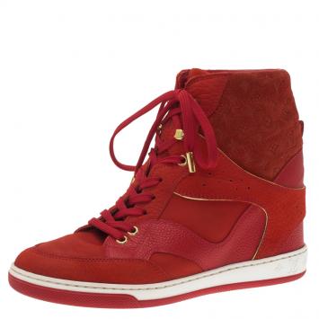 Pre Owned Louis Vuitton Red Leather and Suede Cliff Top Sneakers Size 37