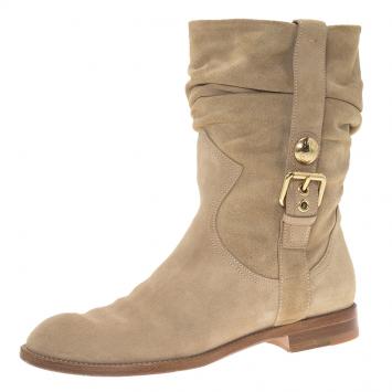 Pre Owned Louis Vuitton Beige Suede Buckle Ankle Boots Size 37.5