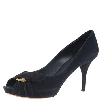 Pre Owned Louis Vuitton Navy Blue Suede Catania Peep Toe Pumps Size 39.5