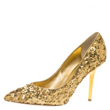 Pre Owned Louis Vuitton Gold Sequins Liza Pointed Toe Pumps Size 38.5