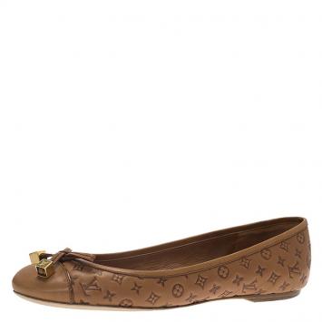 Pre Owned Louis Vuitton Brown Monogram Leather Cap Toe Debbie Bow Ballet Flats Size 35.5