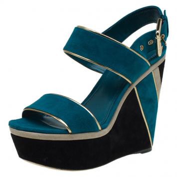 Pre Owned Louis Vuitton Two Tone Suede Waterbay Wedge Sandals Size 37
