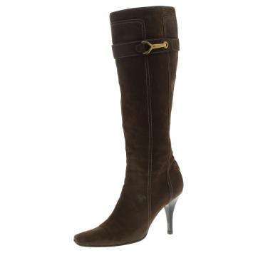 Pre Owned Louis Vuitton Brown Suede Knee Length Boots Size 40