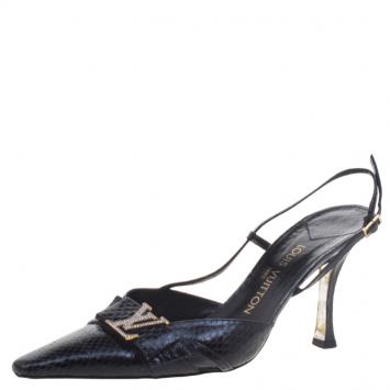 Pre Owned Louis Vuitton Black Snakeskin Pointed Toe Slingback Sandals Size 40.5