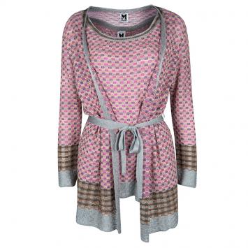Pre Owned M Missoni Multicolor Lurex Knit Detail Top and Belted Cardigan Set L
