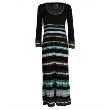 Pre Owned M Missoni Black Knit Metallic Striped Long Sleeve Maxi Dress L