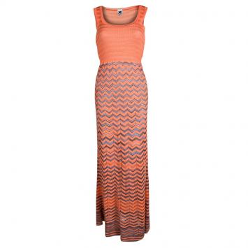 Pre Owned M Missoni Orange Knit Chevron Pattern Sleeveless Maxi Dress S