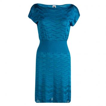 Pre Owned M Missoni Blue Zig-Zag Knit Dress S
