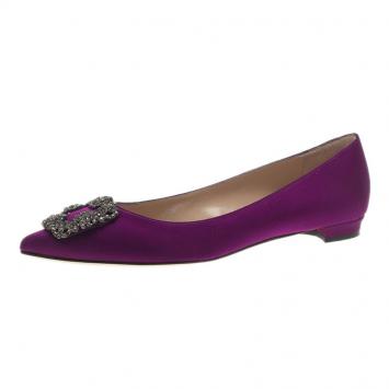 Pre Owned Manolo Blahnik Purple Satin Hangisi Ballet Flats Size 39.5 