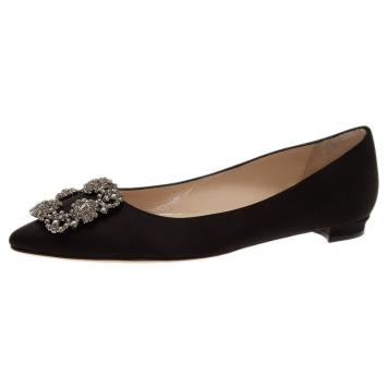 Pre Owned Manolo Blahnik Black Satin Hangisi Ballet Flats Size 37.5