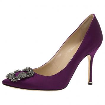 Pre Owned Manolo Blahnik Purple Satin Hangisi Embellished Pumps Size 36