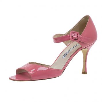Pre Owned Manolo Blahnik Pink Patent Open Toe Mary Jane Pumps Size 39.5