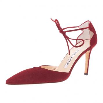 Pre Owned Manolo Blahnik Red Suede Ankle Wrap Sandals Size 36