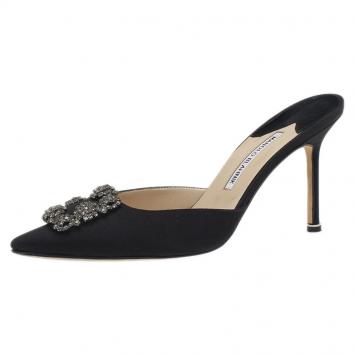 Pre Owned Manolo Blahnik Black Satin Hangisi Mules Size 40.5