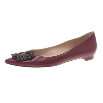 Pre Owned Manolo Blahnik Burgundy Leather Hangisi Ballet Flats Size 38.5