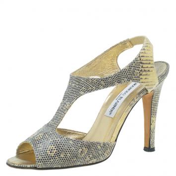 Pre Owned Manolo Blahnik Two Tone Python Embossed Leather T-Strap Sandals Size 36.5