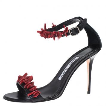 Pre Owned Manolo Blahnik Black Leather Coraletta Beaded Ankle Strap Sandals Size 36.5