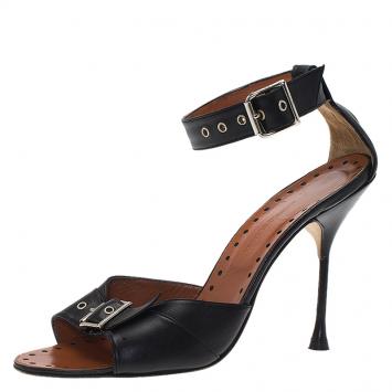 Pre Owned Manolo Blahnik Black Leather Carostich Ankle Strap Sandals Size 40