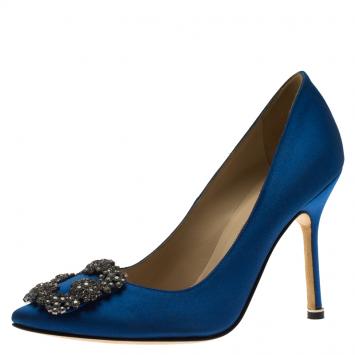 Pre Owned Manolo Blahnik Blue Embellished Satin Hangisi Pumps Size 36
