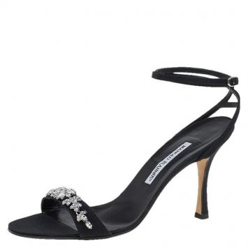 Pre Owned Manolo Blahnik Black Crystal Embellished Satin Ankle Strap Sandals Size 40
