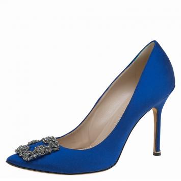Pre Owned Manolo Blahnik Blue Embellished Satin Hangisi Pumps Size 39