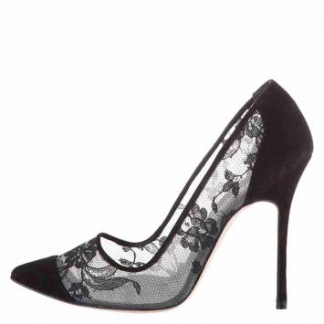Pre Owned Manolo Blahnik Black Lace and Suede Pointed Toe Pumps Size 39