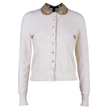 Pre Owned Marc by Marc Jacobs Cream Embellished Collar Cardigan XS