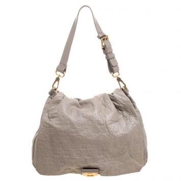 Pre Owned Marc By Marc Jacobs Beige Dreamy Logo Leather Puckered Mouse Hobo