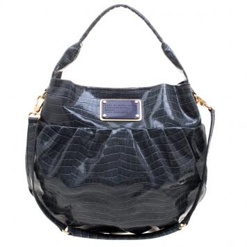 Pre Owned Marc By Marc Jacobs Emerald Green Croc Embossed Patent Leather Hobo