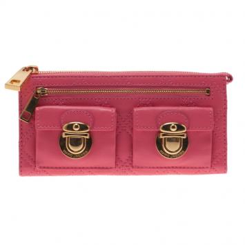 Pre Owned Marc Jacobs Pink Quilted Leather Double Pocket Zip Wallet
