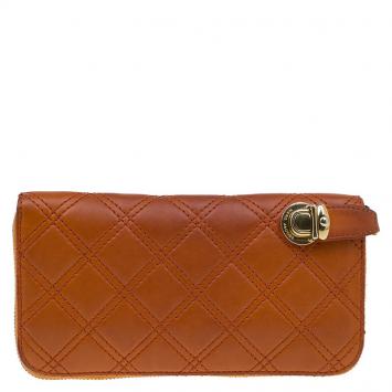 Pre Owned Marc Jacobs Orange Quilted Leather Deluxe Zip Around Wallet