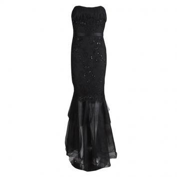 Pre Owned Notte by Marchesa Black Embellished Tulle Detail Strapless Gown L