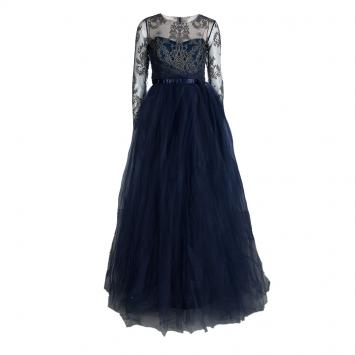 Pre Owned Marchesa Notte Navy Blue Floral Lace Long Sleeve Tulle Gown M