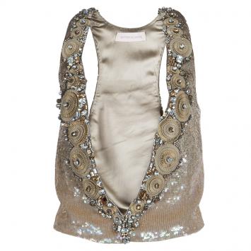 Pre Owned Matthew Williamson Gold Sequin and Crystal Embellished Vest S