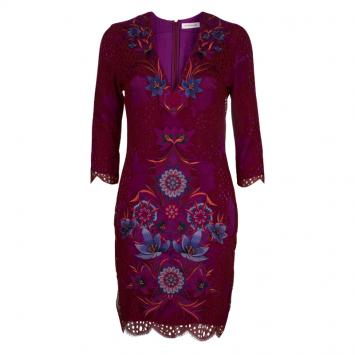 Pre Owned Matthew Williamson Purple Floral Embroidered Aplique Lace Dress M