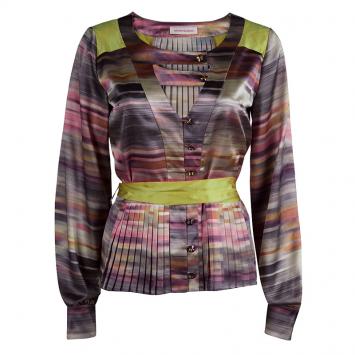 Pre Owned Mathew Williamson Multicolor Striped Satin Belted Long Sleeve Blouse S