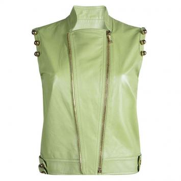 Pre Owned Matthew Williamson Light Green Ball Embellished Leather Vest S