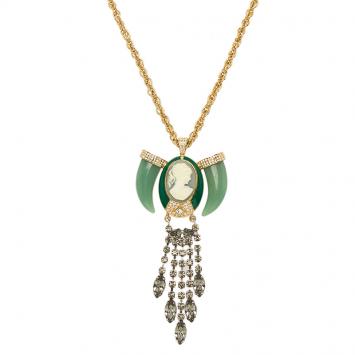 Pre Owned Mawi Heirloom Tusk Cameo Crystals Long Gold Tone Pendant Necklace