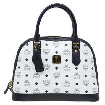 Pre Owned MCM White Leather Heritage Logo Bowler Bag