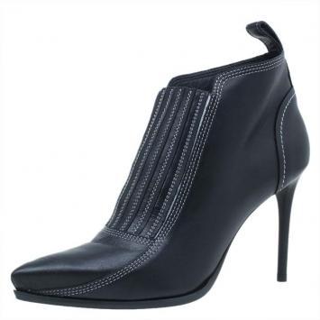 Pre Owned McQ by Alexander McQueen Black Stitched Leather Ankle Booties Size 38