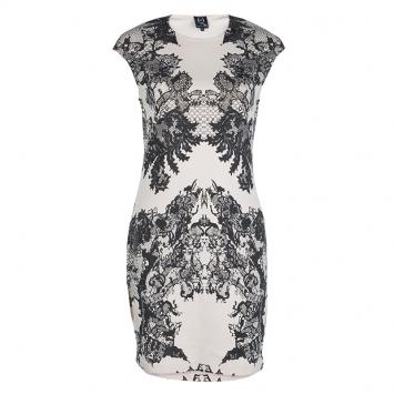 Pre Owned McQ by Alexander McQueen Beige Lace Print Bodycon Dress L