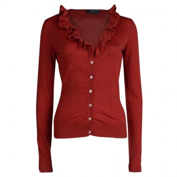 Pre Owned McQ by Alexander McQueen Red Ruffle Detail Button Front Cardigan S