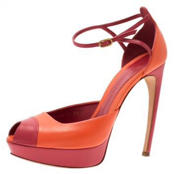 Pre Owned McQ by Alexander McQueen Red and Orange Leather Peep Toe Platform Sandals Size 39