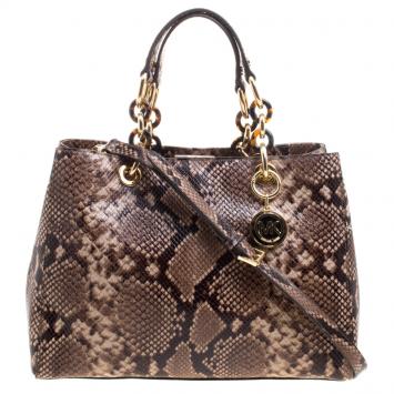 Pre Owned Michael Kors Beige Python Embossed Leather Cynthia Satchel