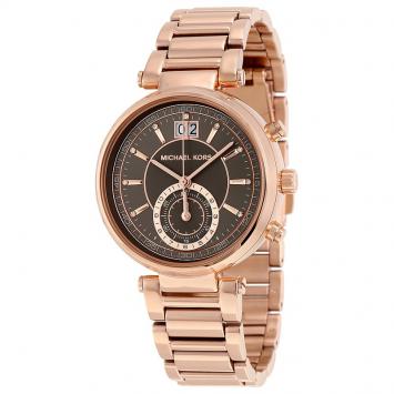 Pre Owned Michael Kors Grey Rose Gold-Plated Stainless Steel Sawyer MK6226 Women's Wristwatch 39MM