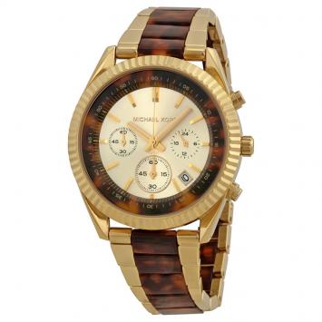 Pre Owned Michael Kors Champagne and Brown Gold-Plated Stainless Steel Clarkson MK5963 Women's Wristwatch 41MM