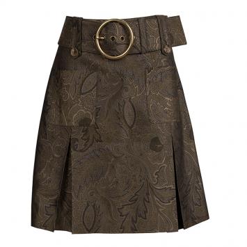 Pre Owned Michael Kors Gold Brocade Box Pleat Detail Belted Skirt M                                                                  